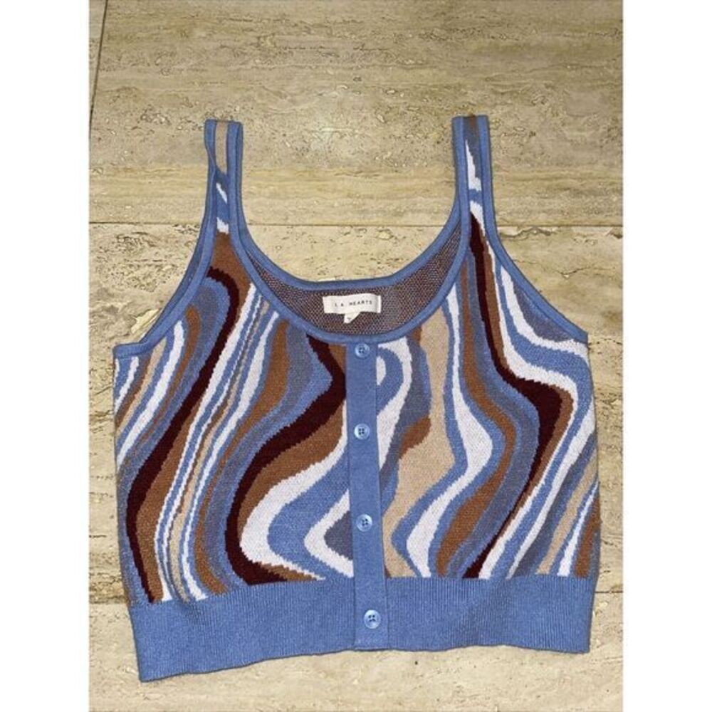 Vtg LA Hearts Crop‎ Tank Top Pacsun Sz L Y2K Blue Swirl Festival Grunge